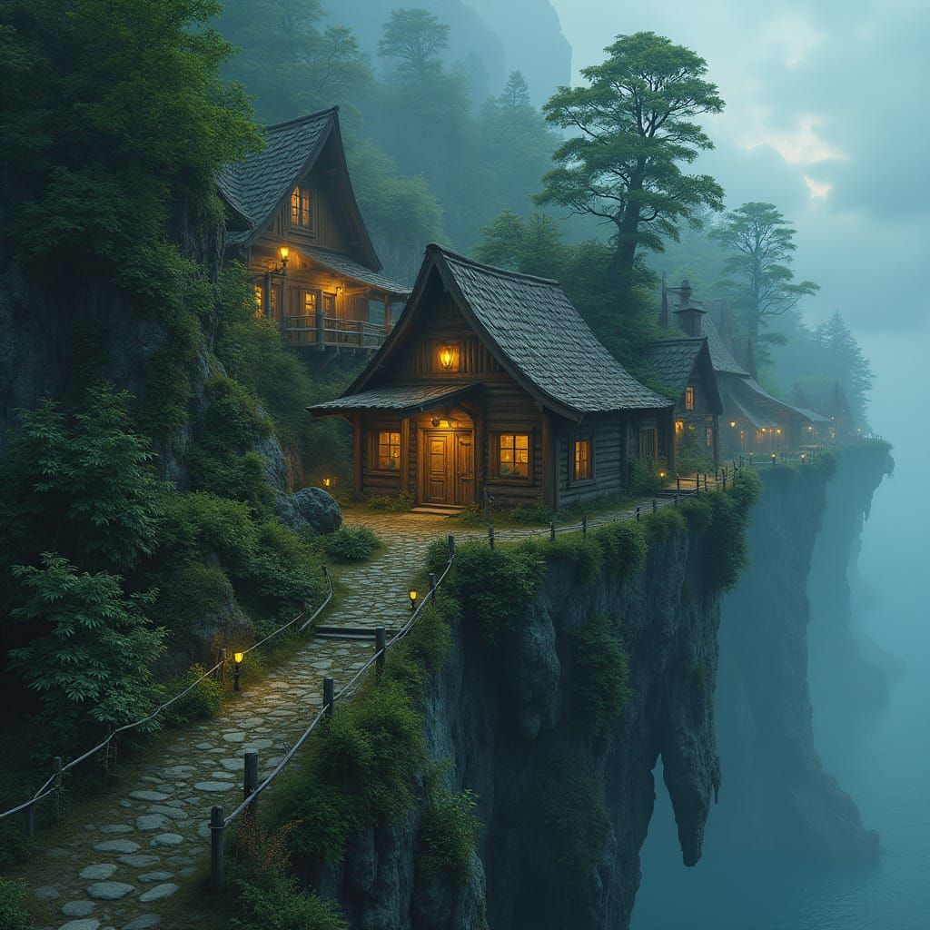 Mystical Cliffside Village with Twinkling Lanterns