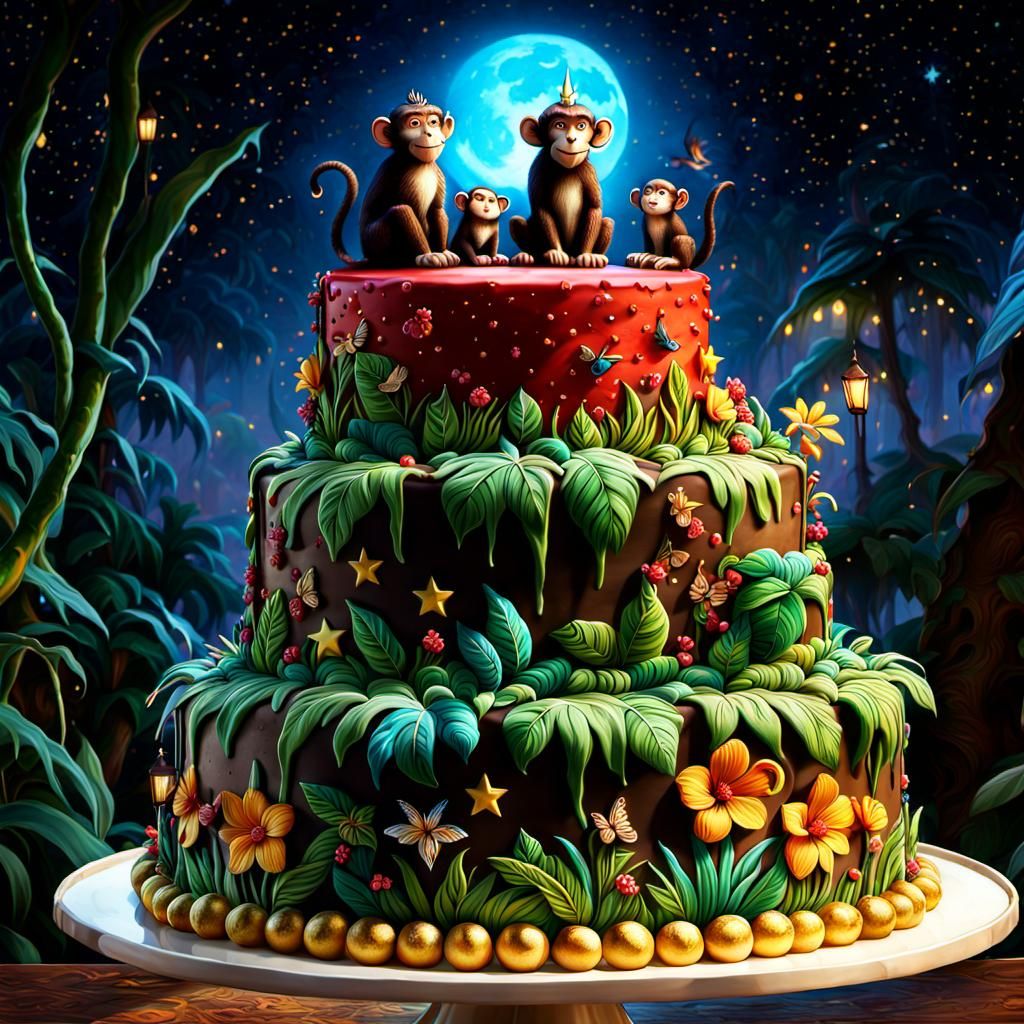 Swinging Monkey's Jungle Scene Happy Birthday Cake