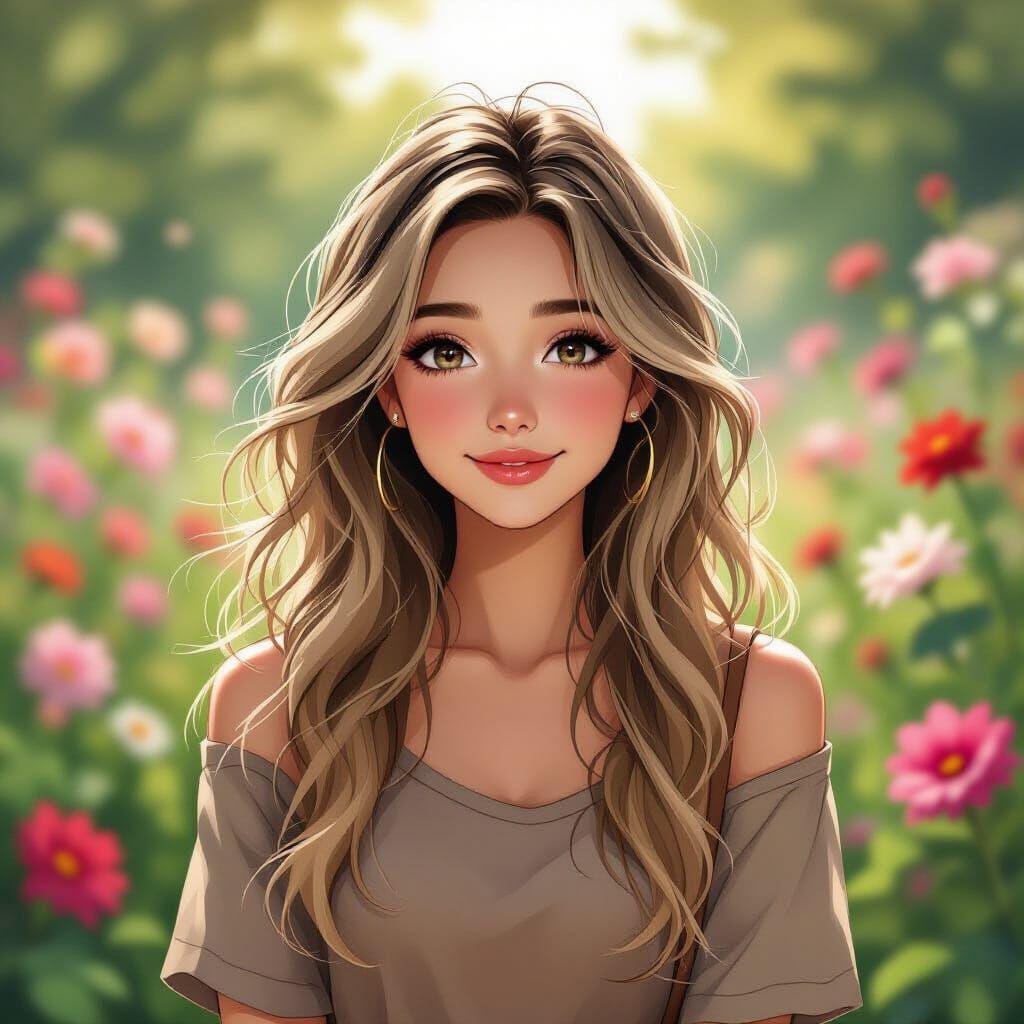 Woman in Brown Clothes in Flower Garden, Anime Style
