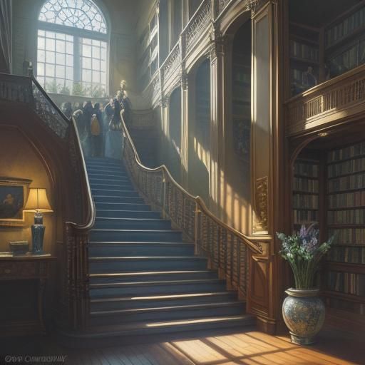 Impressionist Masterpiece Library Scene in Warm, Golden Ligh...