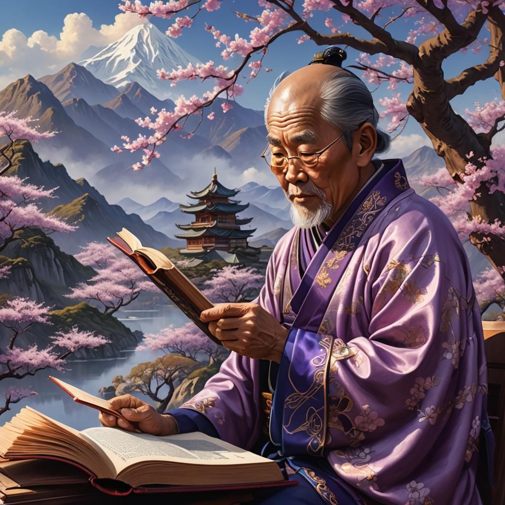 Asian Man Reading Book with Cherry Blossoms