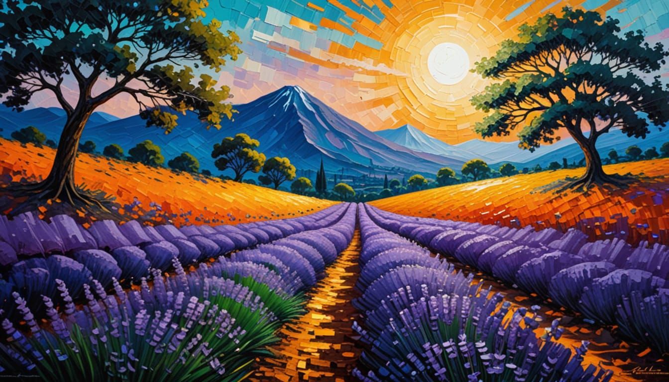 Purple and Green Lavender Field Oil Painting