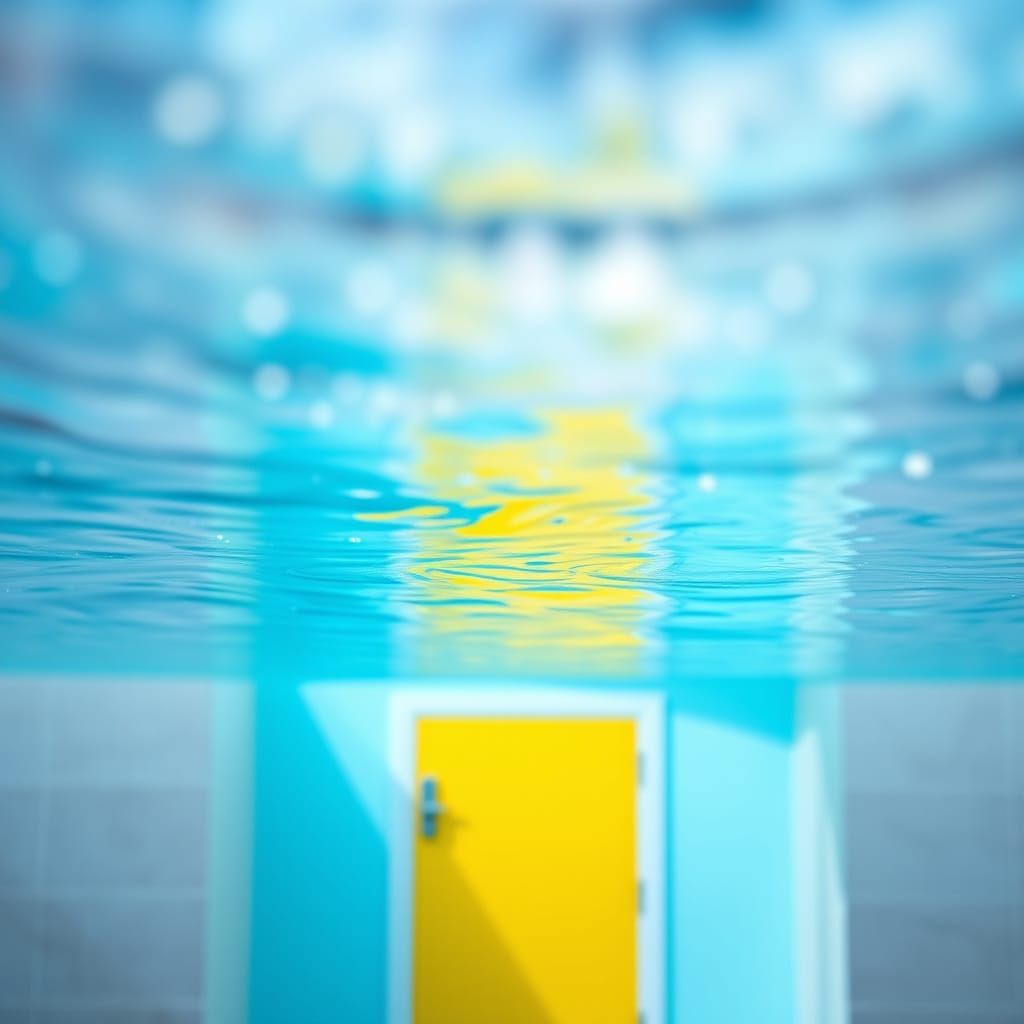 Swimming Pool with Yellow Door, Sharp Focus Photo