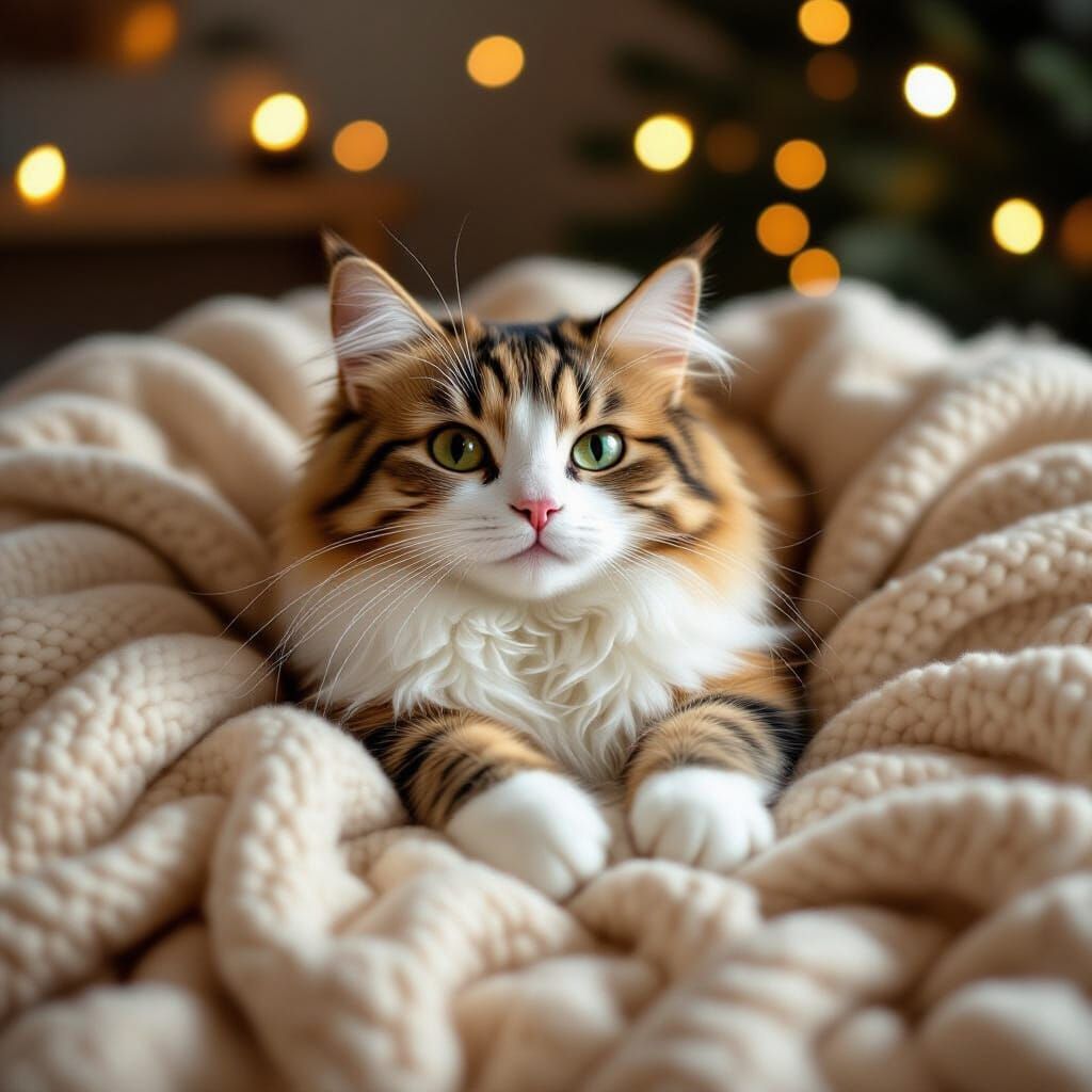 Realistic Pom-Pom Cat Lounging on Knit Blanket