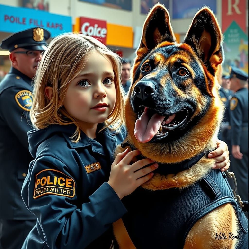 Girl with Police Dog at Auction: Hyperrealistic Splash Art