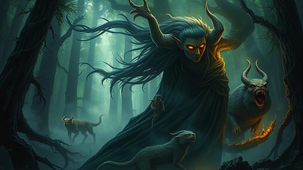 Ethereal Dark Fantasy Spirit Emerges from Ancient Forest