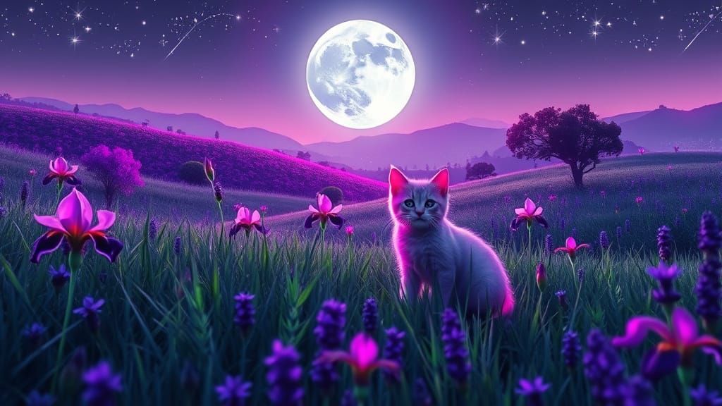 Ethereal Kittens Play in a Radiant, Bioluminescent Landscape