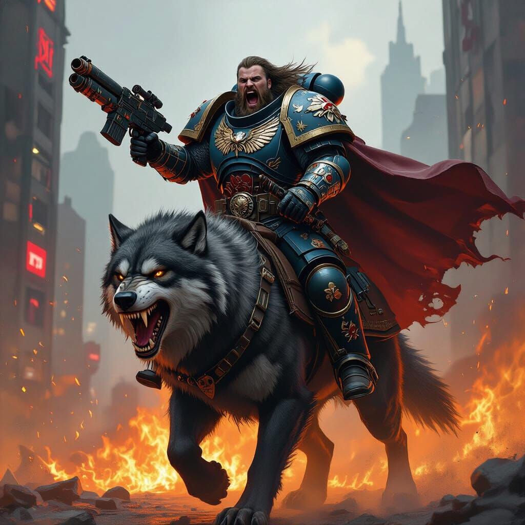 Viking Space Marine on Direwolf in Burning Cyberpunk City