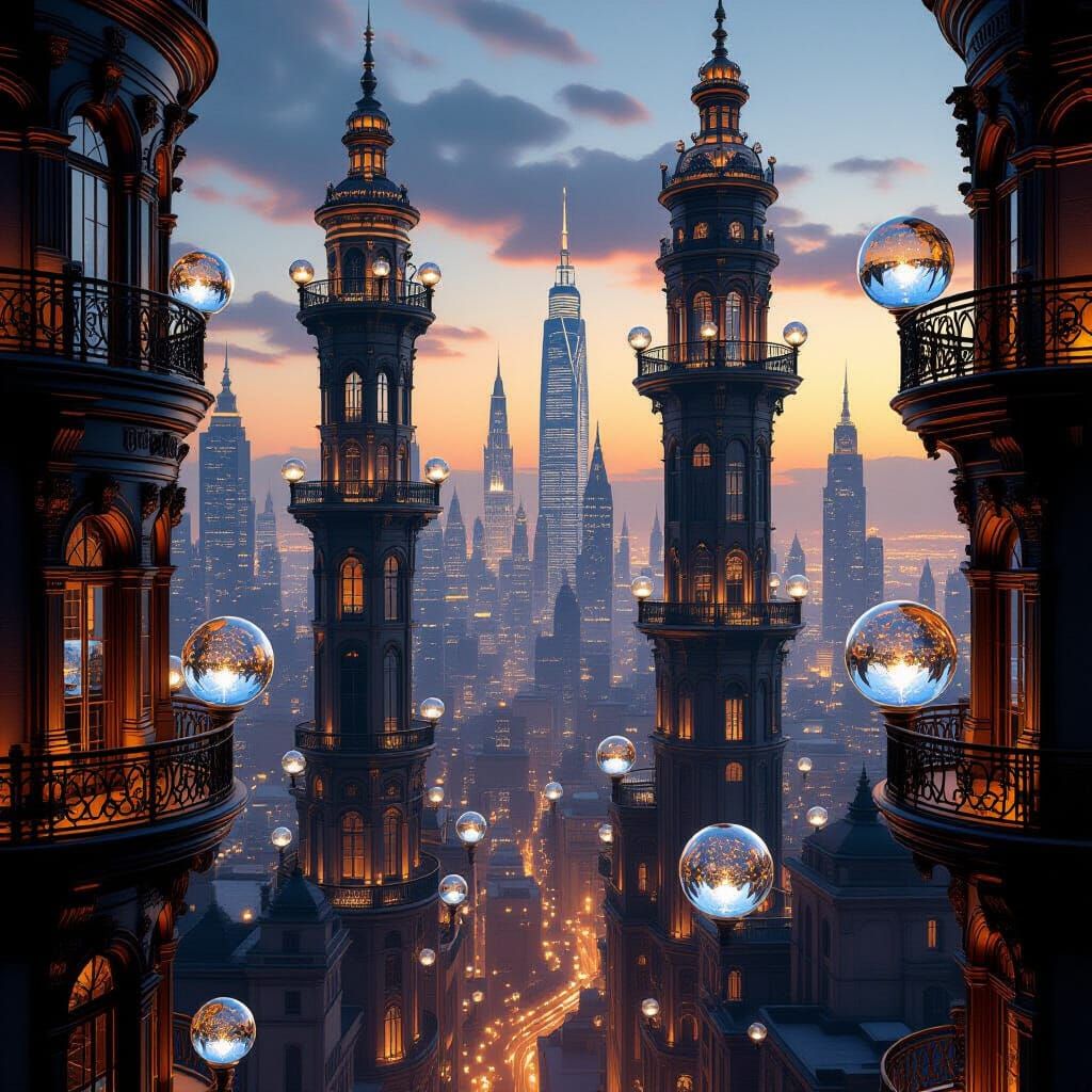 Opulent Twilight Cityscape with Crystal Accents