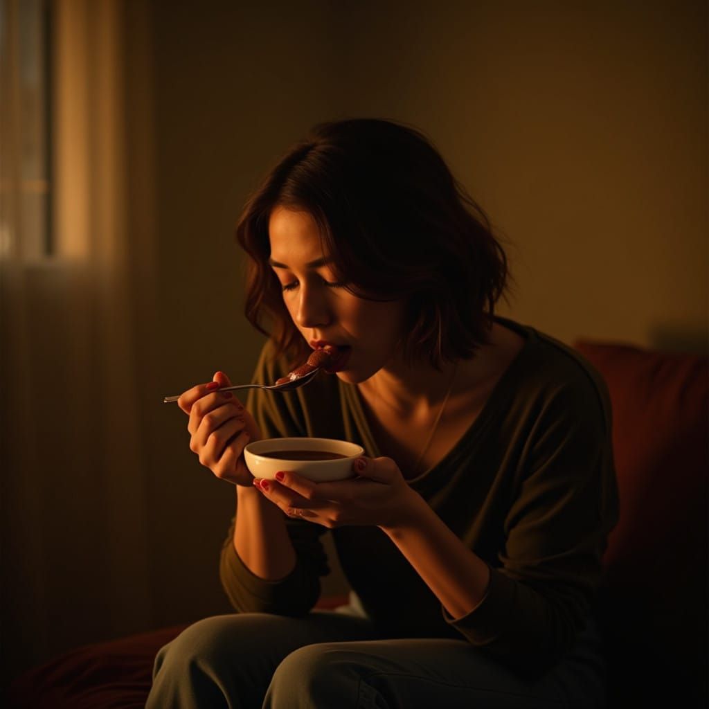 Aitana Savoring Colacao in Warm, Golden Light