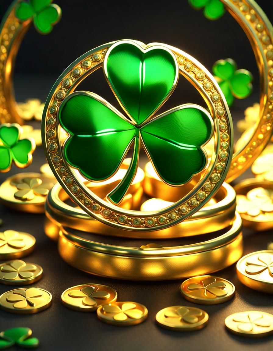 Lucky Golden Horseshoe and Clovers in Dramatic Light