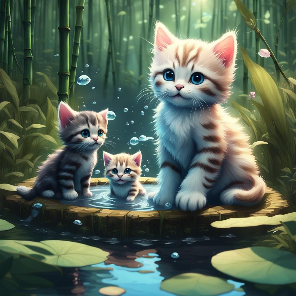 Cute Kitten in Pond with Miniature Kittens