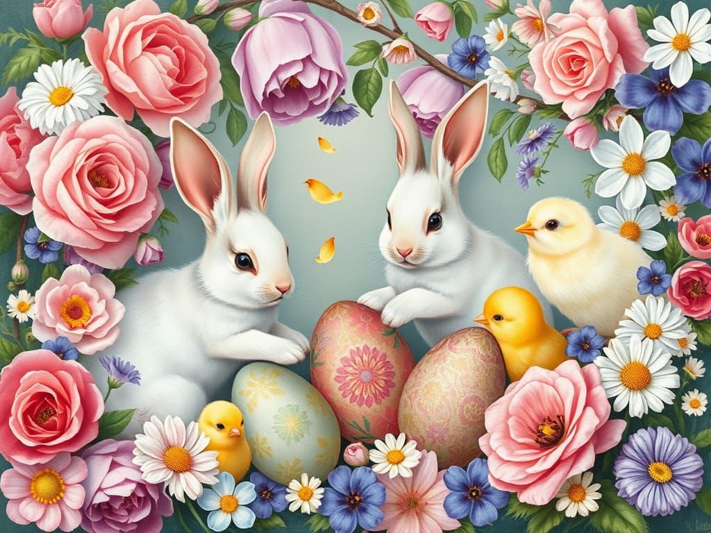Whimsical Easter Bunnies and Chicks in Renaissance Gouache