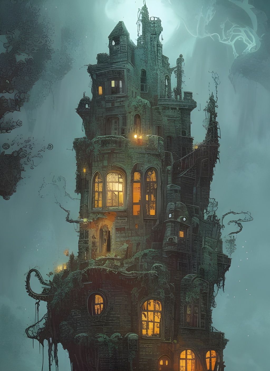 Lovecraftian Castle on Cliff in Dark Watercolor