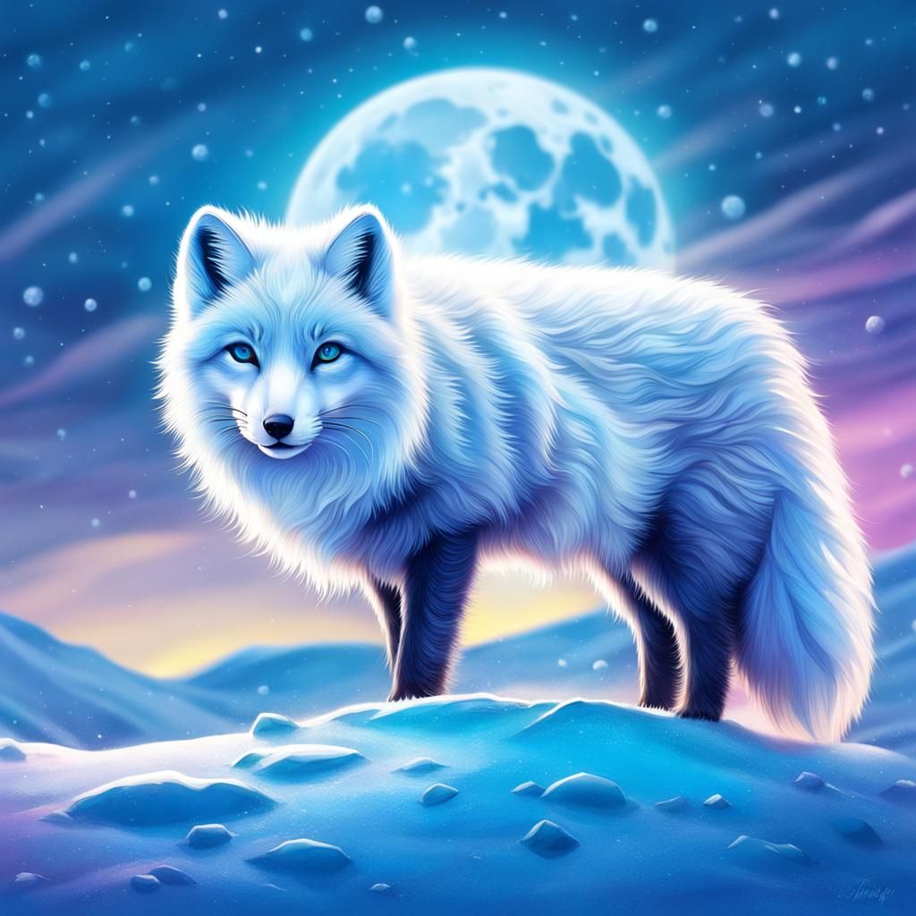 Arctic Fox Under Winter Moon: Hyperrealistic Splash Art