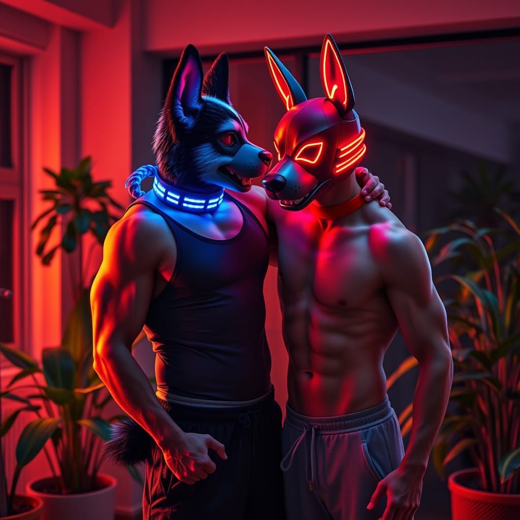 Athletic Man Plays with Red Dog Pup in Neon-Lit Apartment