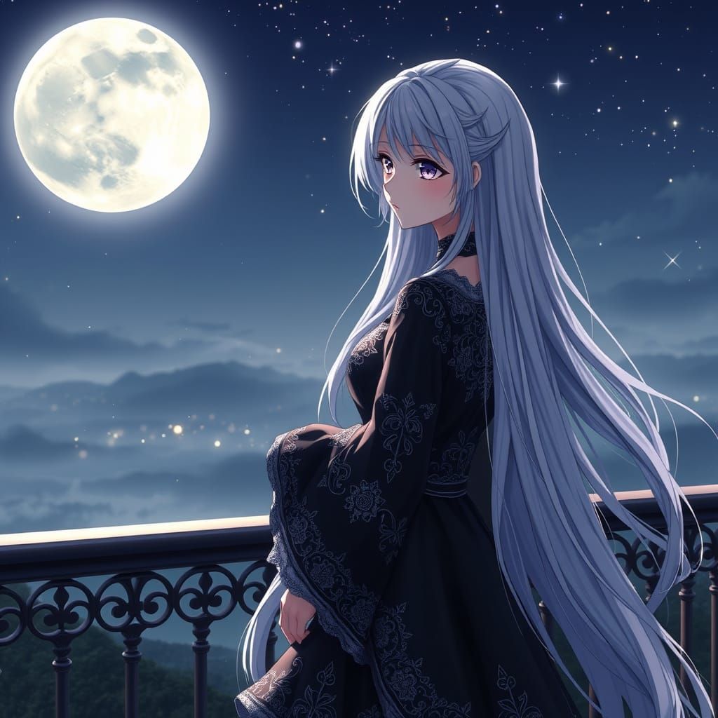 Ethereal Anime Girl Under Starry Moonlit Sky