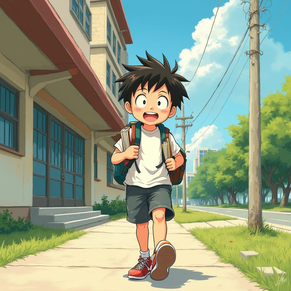 Realistic Cartoon Boy Walking Away from School on Sunny Afte...