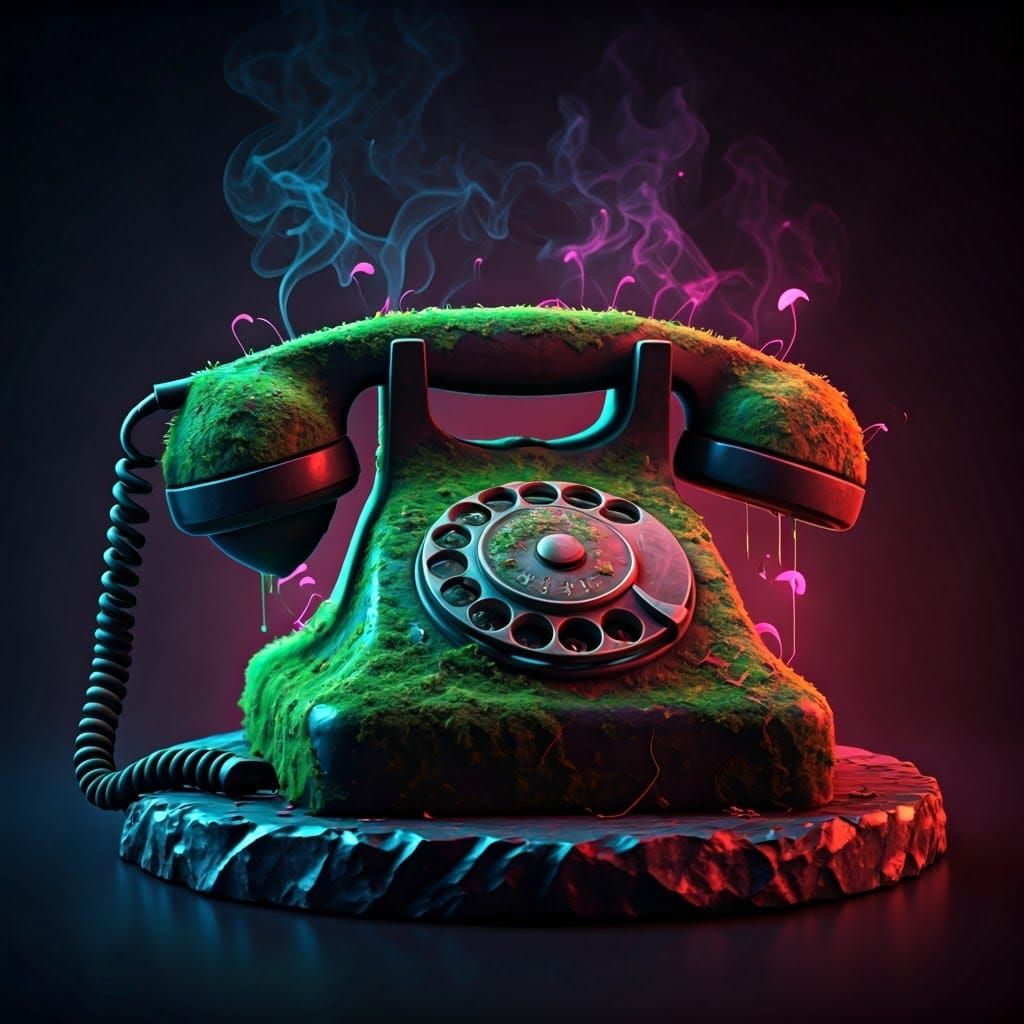 Rotary Phone Sculpture with Smoky Neon Overgrowth