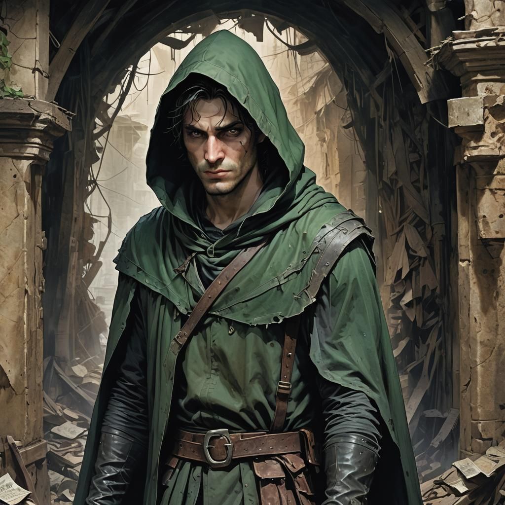 Moonlit Thief in Shadowy Hideout: Dark Fantasy Art