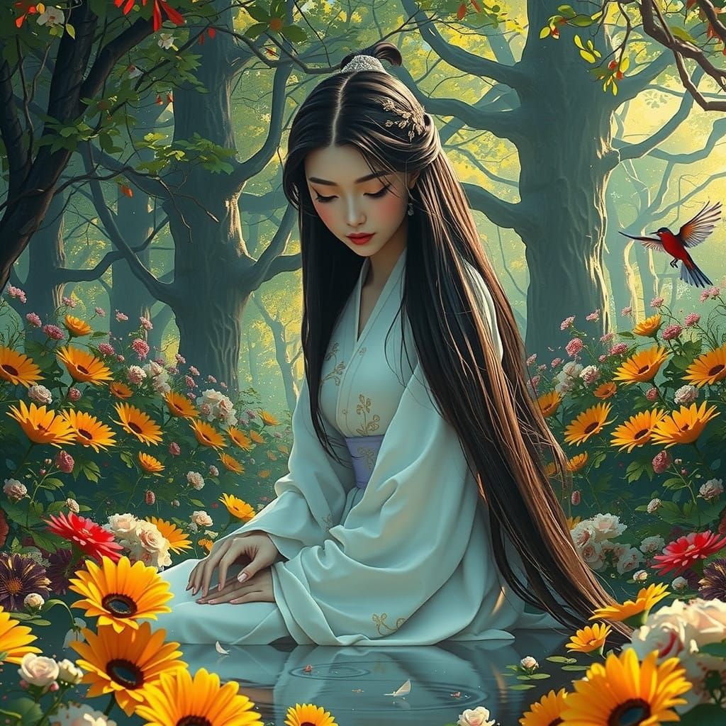 Enchanting Asian Goddess in Serene Forest Glade