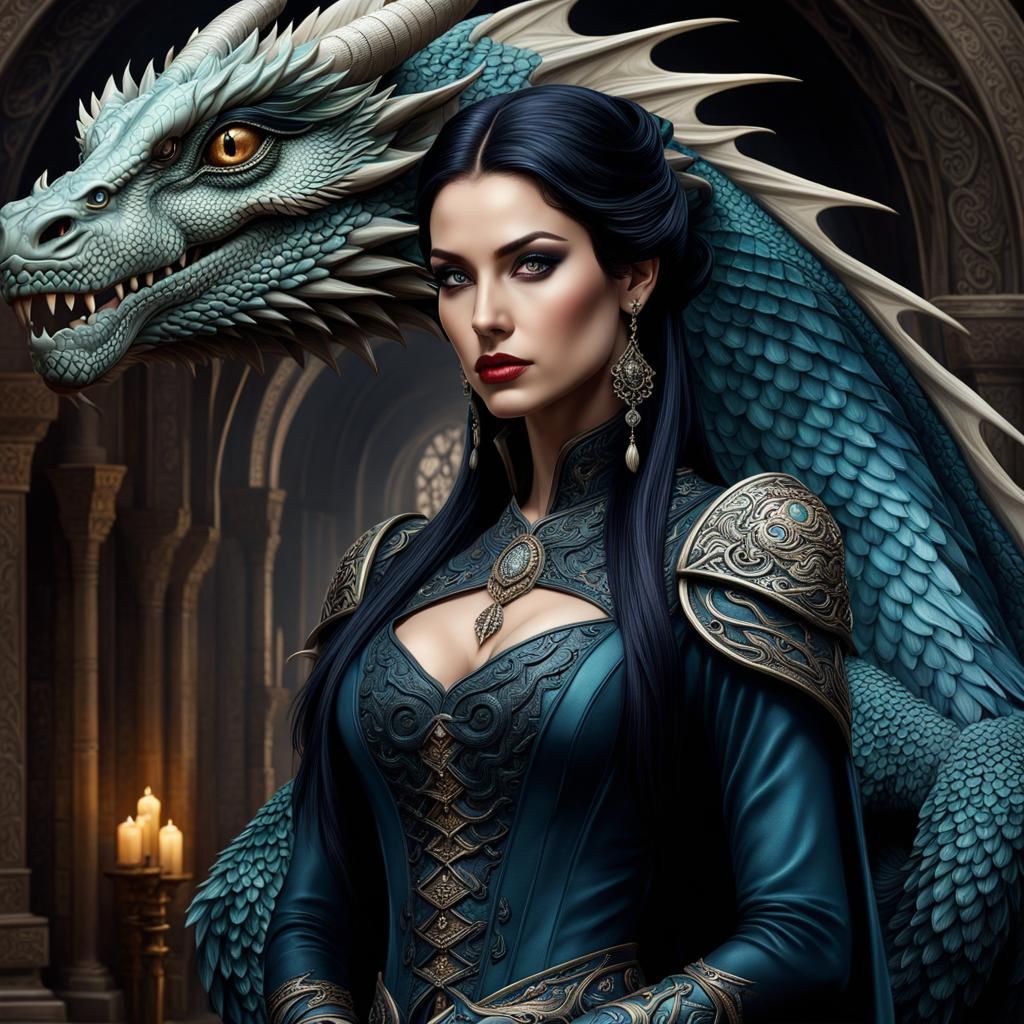 Woman and Dragon Portrait in Gothic Matte Painting Style