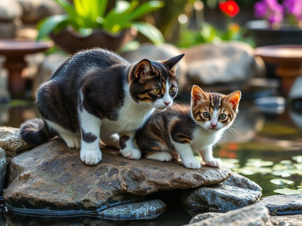Black and White Tabby Cats Explore Garden Pond