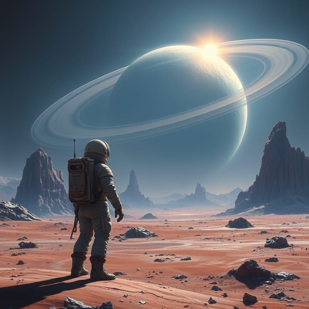Astronaut Gazing at Gas Giant in Matte Painting Style