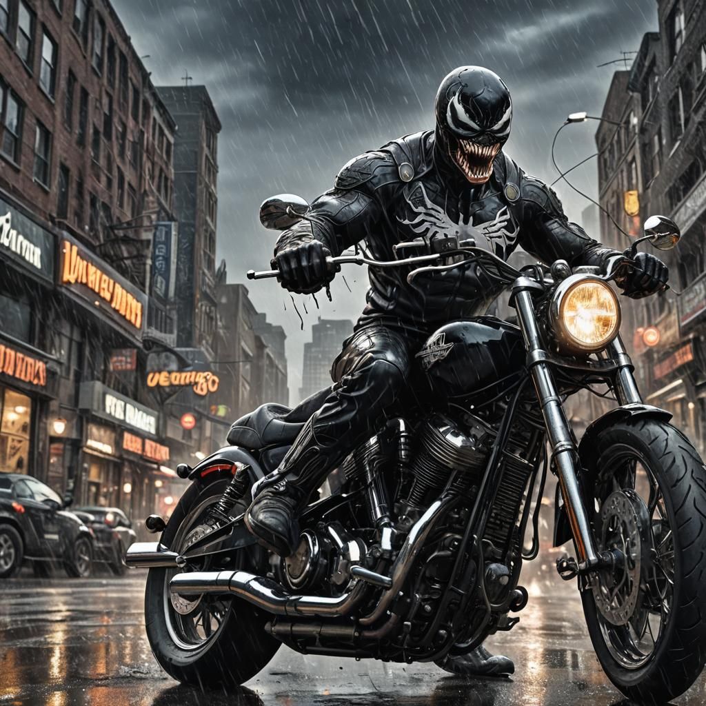 Venom on Harley-Davidson in Lightning Storm