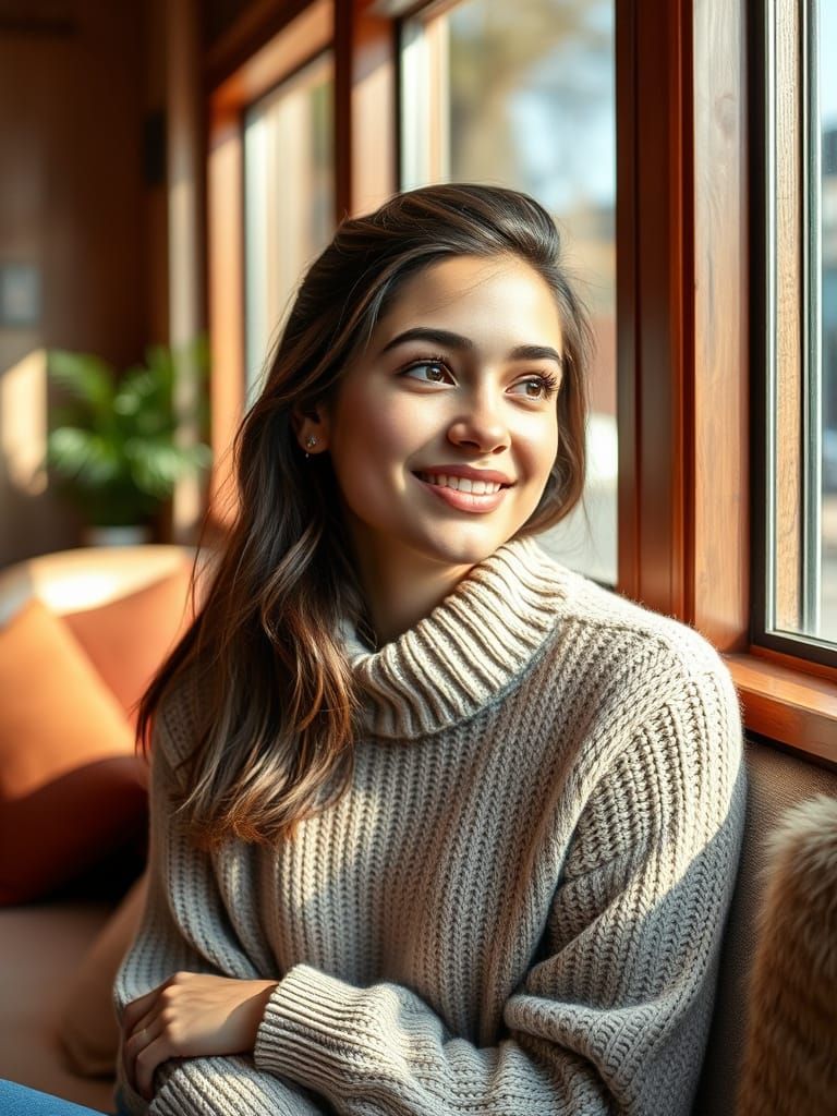 Thoughtful Woman in Cafe with Soft Lighting
