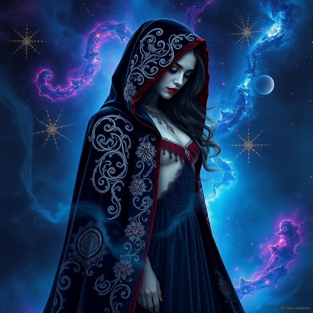Vampire in Nebula with Victorian Cloak, Digital Art
