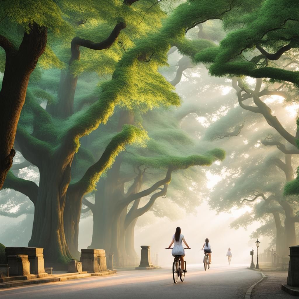 Shinto Shrine: Girl, Bicycle, Mist, Sunrise