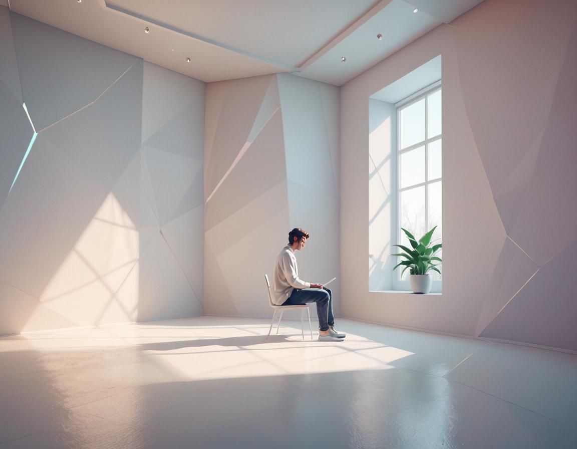 Minimalist Low Poly 3D Art of Person in White Room