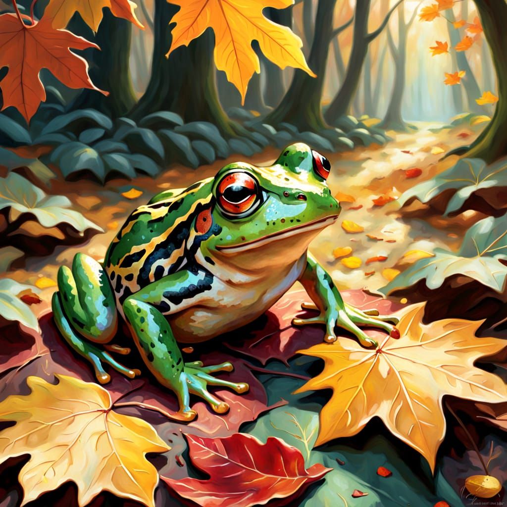 Vibrant Oil Painting of a Frog in Autumn Leaves