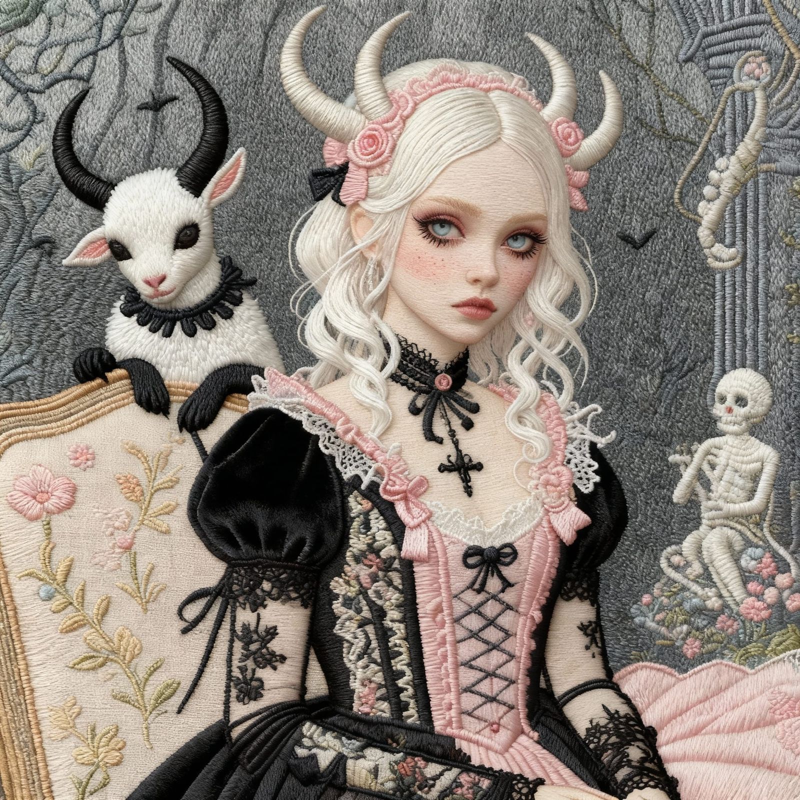 Hyper Maximalist Embroidery Art with Velvet and Lace