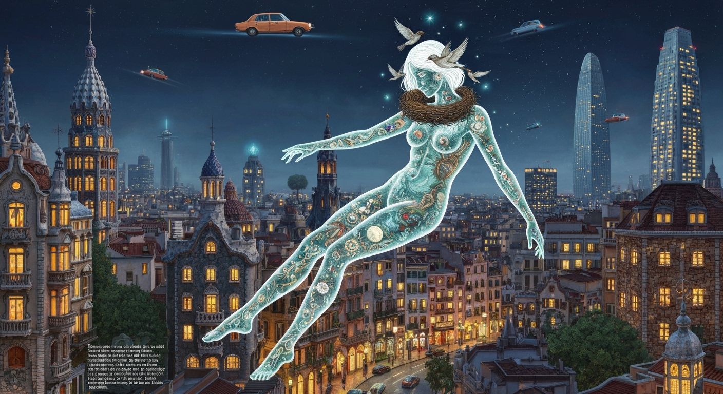 Gaudi Cityscape with Bioluminescent Patterns