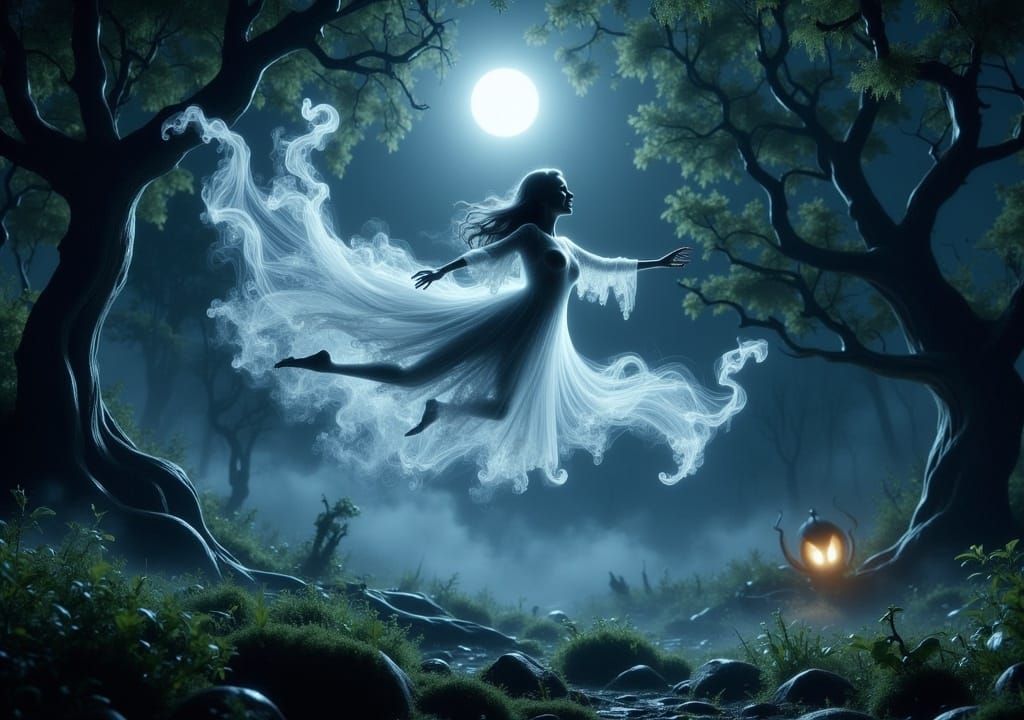 Will-o'-the-Wisps Dance in Moonlit Forest Glade