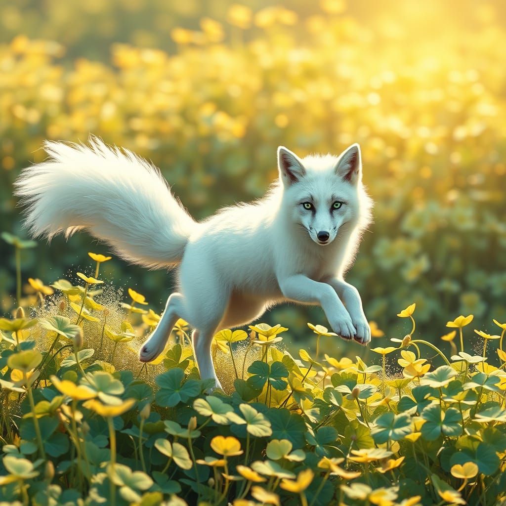 Whimsical White Fox Plays in Enchanted Clover Field