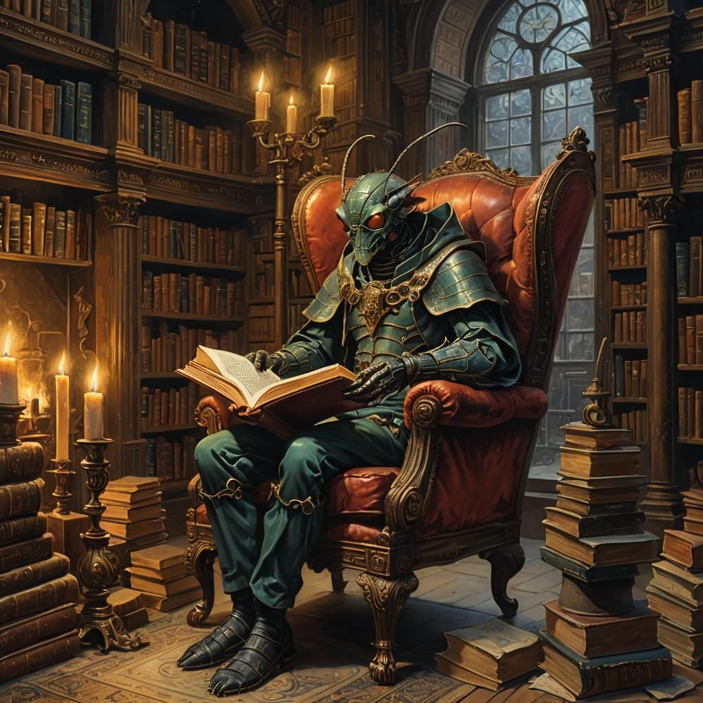 Humanoid Bug Reads in Candlelit Library