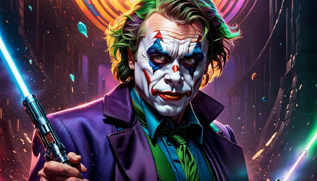 Hyperrealistic Joker with Lightsaber in Splash Art Style