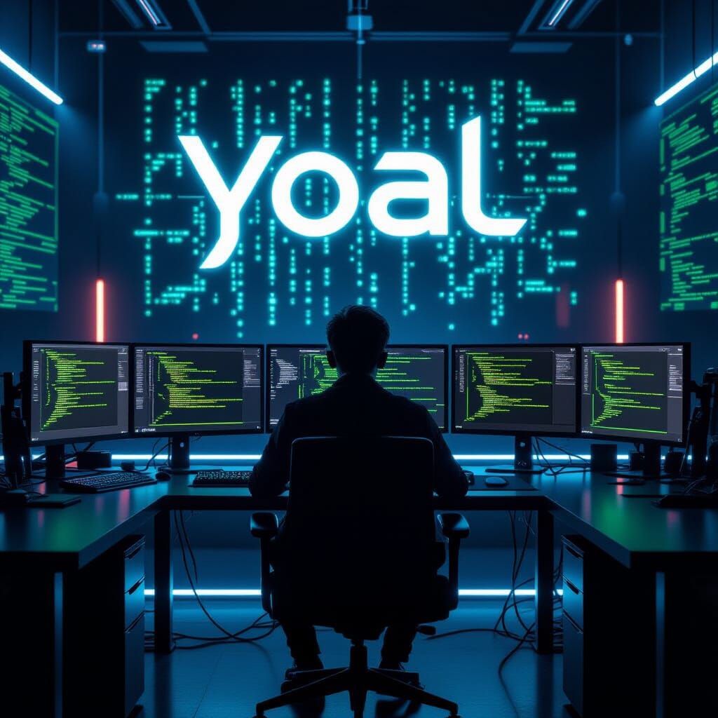 Cyberpunk Hacker Surrounded by Glowing Monitors