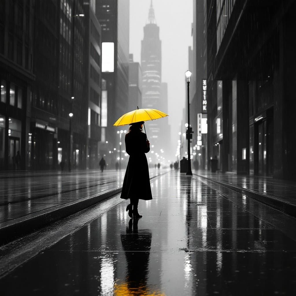Moody Cityscape with Yellow Umbrella
