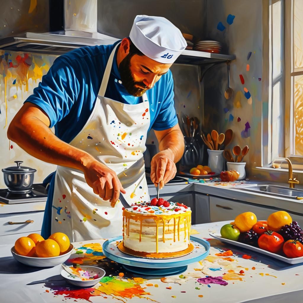 Man Decorates Cake: An Israeli-Style Oil Painting
