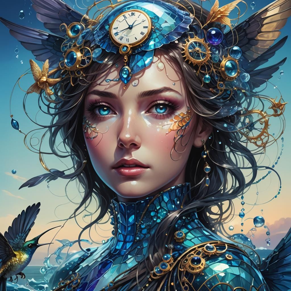 Glass Hummingbird with Sapphire Clocks: Concept Art