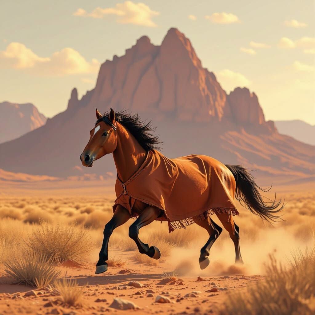 Wild Horse Galloping Near Desert Mountain