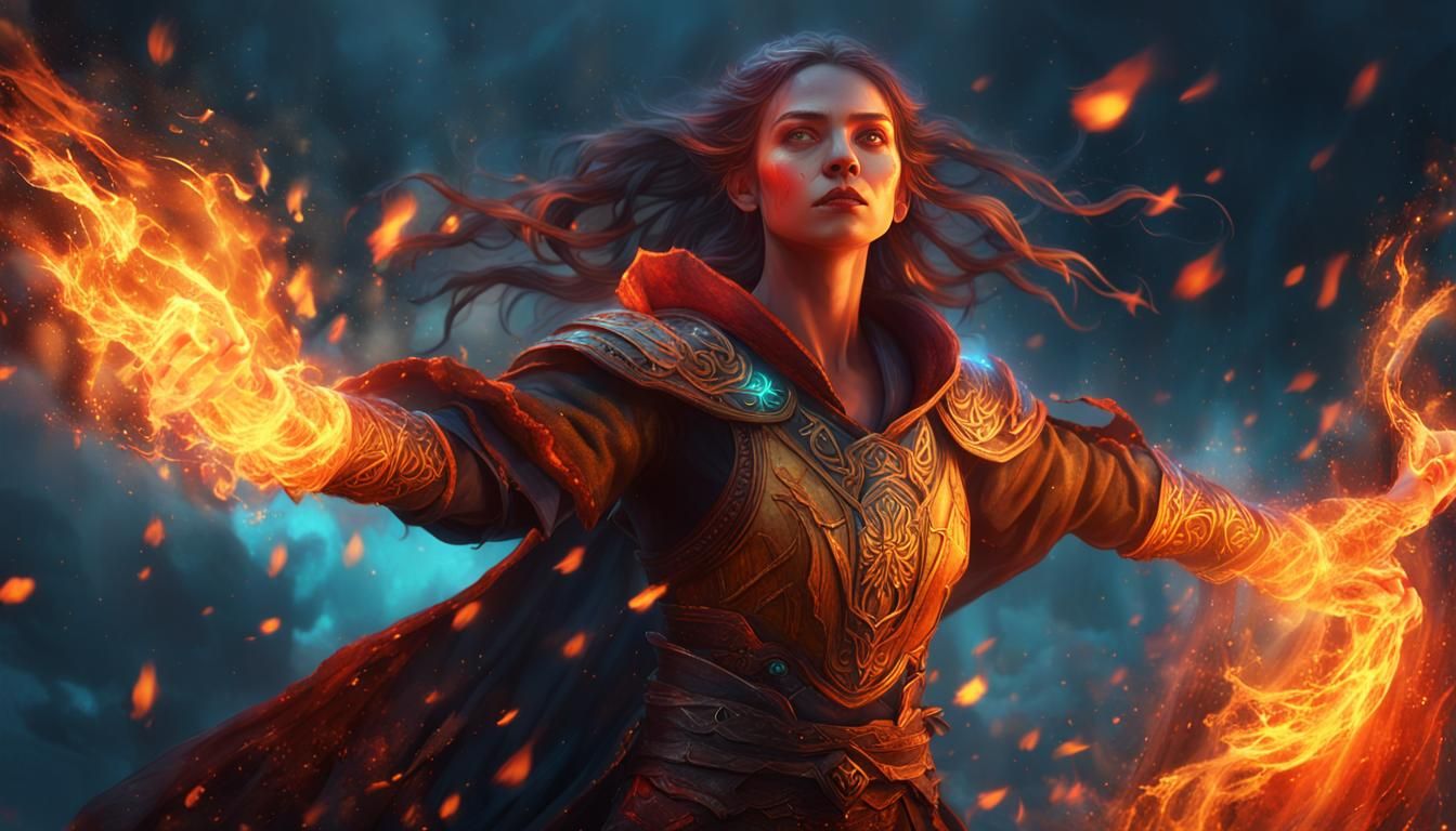 Justine Unleashing Magical Flames in Fantasy Matte Painting
