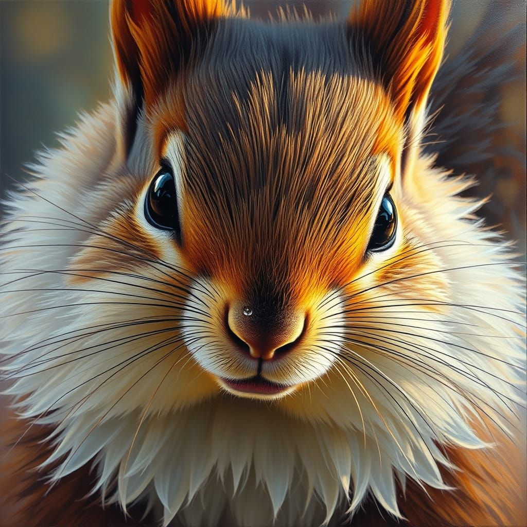 Vibrant, hyper-realistic close-up portrait of a fluffy squirrel, its fur a tangled mess of soft, feathery textures