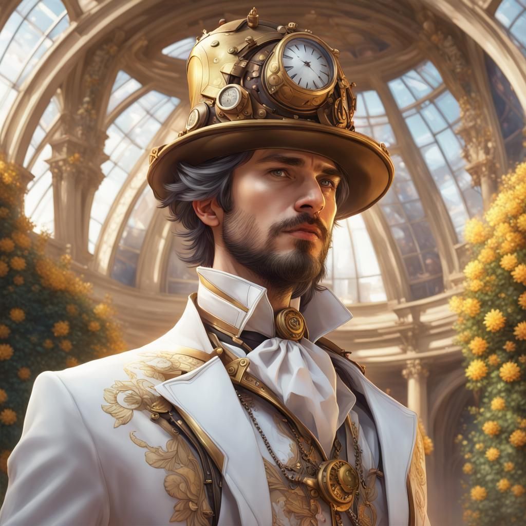 Steampunk Wizard Portrait in a Blooming Garden