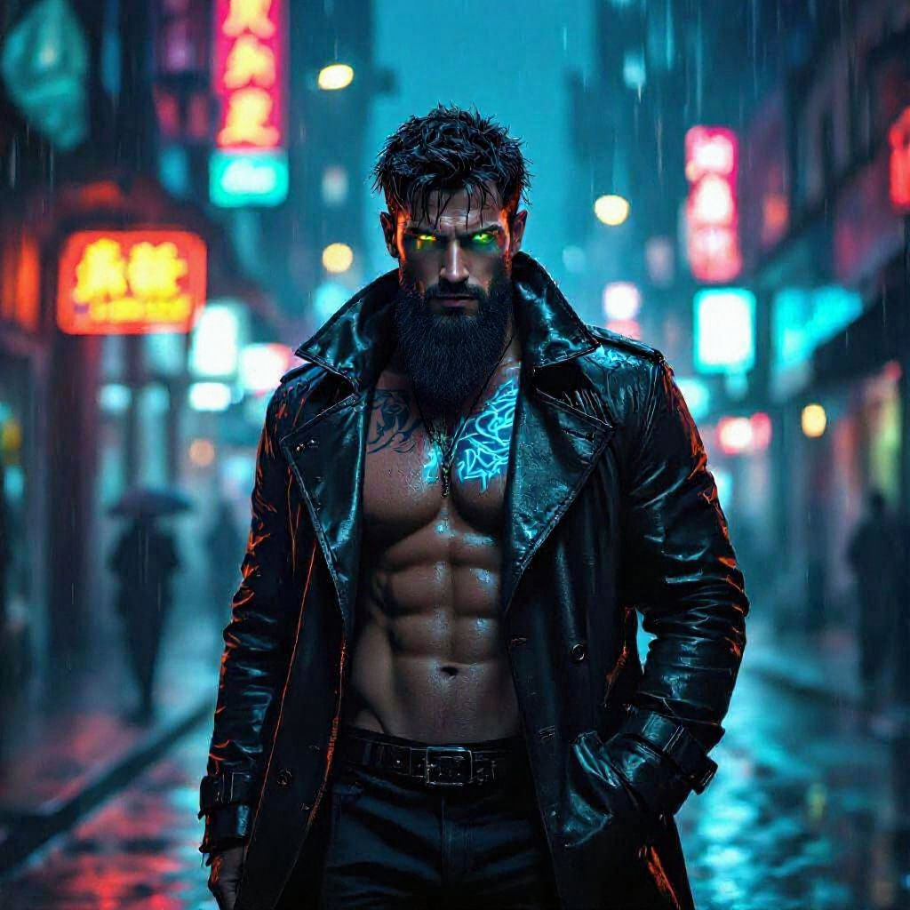 Noir Detective with Arcane Tattoos in Neon City