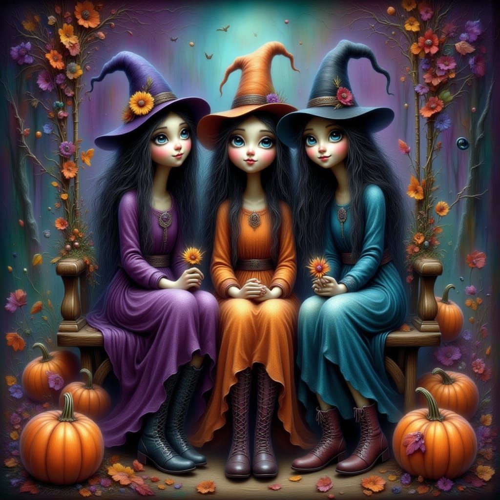 Whimsical Witches Laughing on Swing in Autumn Forest